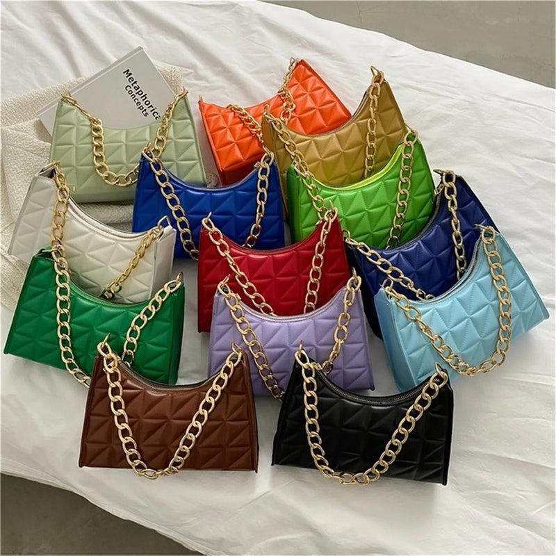 Bolsa de ombro feminina com padrão de diamante, couro PU, cor sólida, nicho, corrente, bolsa de mão, moda feminina, bolsa de compras axilar