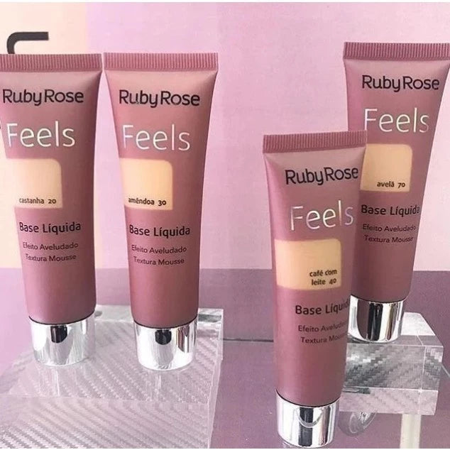 Base Ruby Rose Líquida Feels Mousse Efeito Aveludado Alta Cobertura para Maquiagem Hb8053